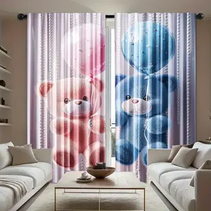 2pcs Playful Teddy Bear Balloon Curtains - Adorable Pink & Blue Polyester Fabric, Perfect for Living Room & Bedroom Decor, Machine Washable, Contemporary Style, Seasonal Home Decor | Themed Room Decor | Easycare Textile, Curtains for Bedroom