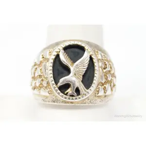 Vintage PJM Black Onyx Eagle Southwestern Sterling Silver Ring Size 9.75