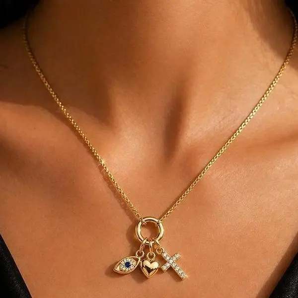 Women's 18K Gold Plated Evil Eye Cross Heart Necklace - Dainty Layered Multi-Charm Pendant, Sapphire Zircon Protection Crystal Amulet, Luxury Gift Box