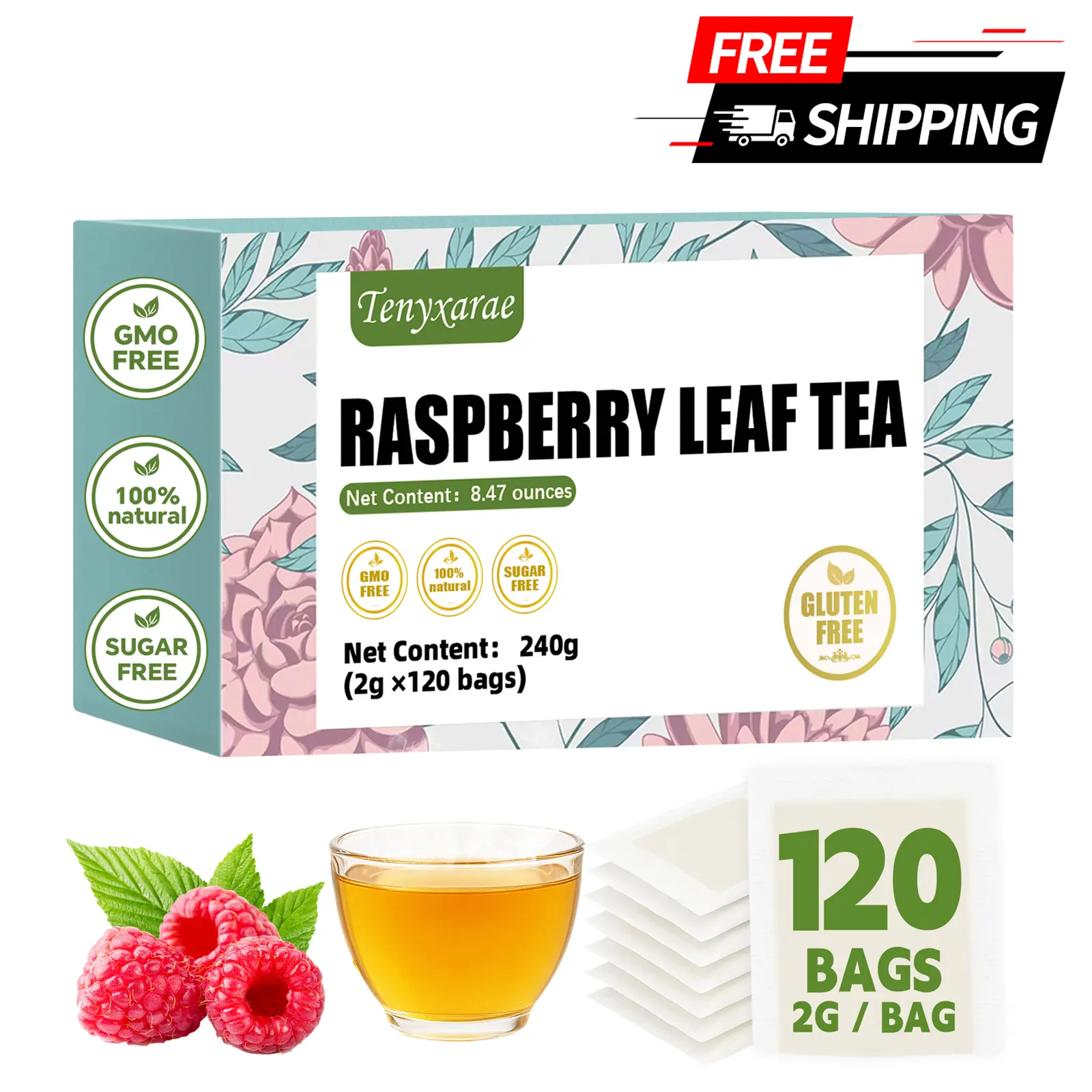 Organic Raspberry Leaf Herbal Tea Bags - Food & Beverage, 120 Bags (2g Each), 100% Natural, 540 Days Shelf Life, Caffeine Free, No Added Sugar, Gluten Free, Vegan, Non-GMO, Individually Wrapped Eco-Friendly, Chilled, for Wellness Support