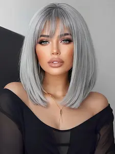 14 Inch Silver Short Bob Straight Wig, Full Bangs Women's High Heat Resistant Fashion Casual Wig, All Seasons Synthetic Material Wigs