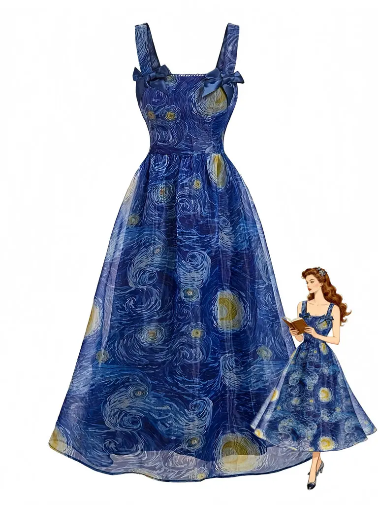 Blue 1940s Square Neck Starry Night Bow Swing Dress Blue 1940s Square Neck Starry Night Bow Swing Dress