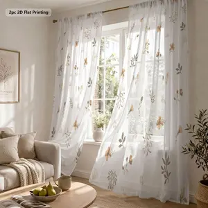 2pcs Vintage Floral Sheer Curtains, Earthy Tone Nature-Inspired Privacy Drapes, Light Filtering Polyester Window Treatments, Rod Pocket Design, Set of 2