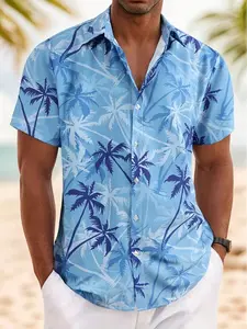 Men's Casual Coconut Tree Pattern Short Sleeve Shirt, Beach Shirt, Tropical Summer Shirt, Blue Hawaiian Print, Loose-Fitting Blouse