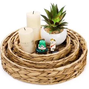 Set of 3 Grass Round Fruit Tray, Hand Woven Coffee Table Tray, Decorative Storage Basket Tray for Decor  Kitchen, 11.8'', 10'', 7.8''
