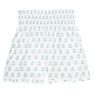 Pre-Order Shirred Ruffle Shorts - Blue Tulip Block Print