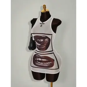 Rave Outfits Festival Rave Outfits Festival Lip Print Sheer Bodycon Mini Dress Casual Fabric Sleeve Womenswear