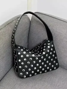 CYX Women's Punk Style Studded Decor Handbag, Fashionable Solid Color Shoulder Bag for Women, Casual Trendy Versatile High-quality Daily Commuting Bag, Crossbody Chain Bag, Casual Handbag Satchel, Casual Trendy Purses, Stylish Crossbody