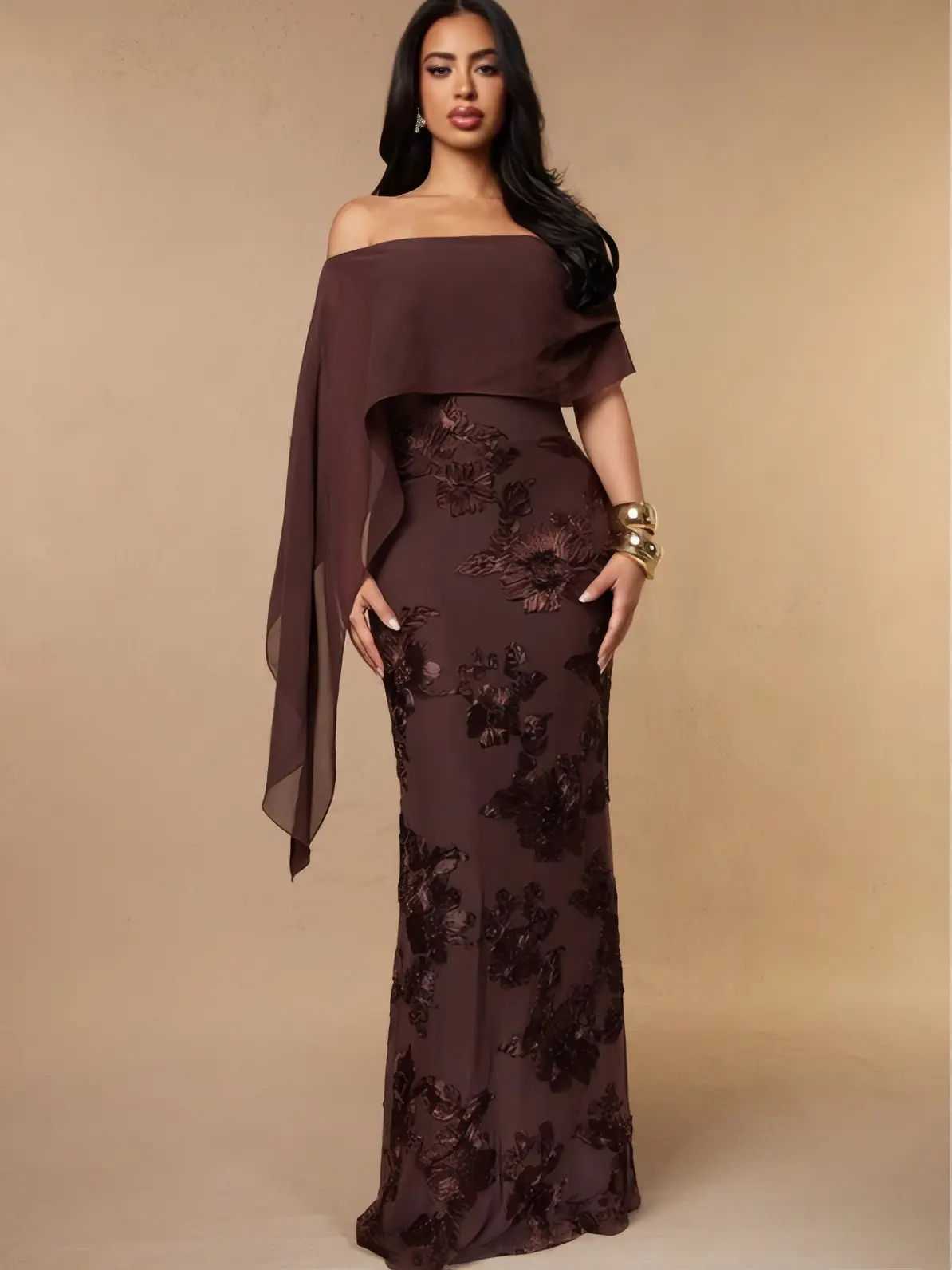Silquee Black Off-The-Shoulder Chiffon Wrap With Floral Flocking, Paired With An Elegant Long 3D-Embroidered Mermaid Skirt-Perfect For Autumn Galas, Weddings,