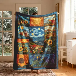 Van Gogh Patchwork Flannel Blanket, Large Size, Soft Lightweight Warm, Perfect for Bed Sofa Office Camping Travel, Valentine's Day Gift