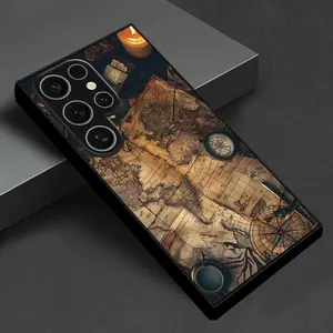 Funda de vidrio templado con diseño de mapa náutico vintage y herramientas de navegación, Para la Samsung Galaxy S25 S24 S23 S22 S21 Ultra Plus S25 FE 4G 5G y A07 A06 A05 A05S Serie Funda para Móvil