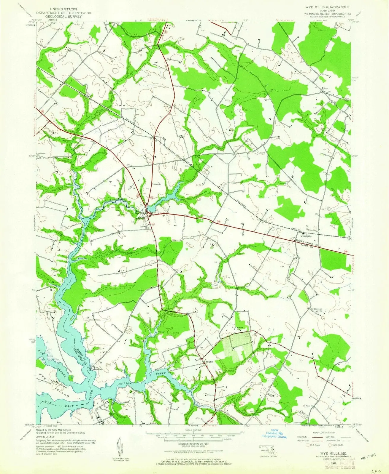 Wye Mills Maryland USGS Topographic Quadrangle Map, 1942, 1:24000