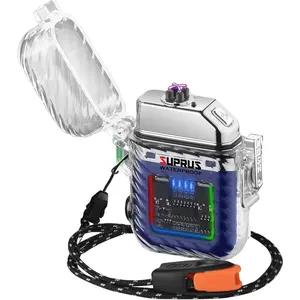 3 Modes of Flashlight Windproof Waterproof Lighter Dual Arc Plasma Lighter with Emergency Whistle and Lanyard (Blue)