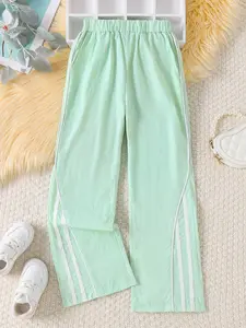 Girls Casual Spring Autumn Summer Pants, Solid Color Vertical Striped Sport Trousers, Trendy Everyday Wear for Girls