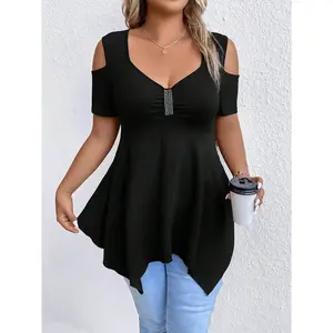 Plus-size cold-shoulder T-shirt, summer casual asymmetrical hem short-sleeved T-shirt top, everyday women’s plus-size clothing GARMENTARY
