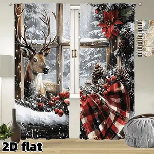 2D Flat 2Pcs Festive Winter Deer Print Curtain Panel, Red Buffalo Plaid Design, Poinsettia Pine Cone Pattern, Rod Pocket Style, Semi Sunshade Polyester Fiber, Suitable for Living Room Bedroom Balcony Holiday Window Decor, Gift, Anti Privacy
