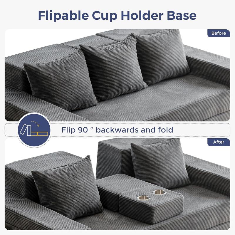 MAXYOYO Sofa Bed, 4 in 1 Foldable Floor Sofa Couch in A Box with 2 Cup Holders, Convertible 3 Seater Boneless Couch Folding Recliner Sleeper Chair for Living Room, No Assembly Required
