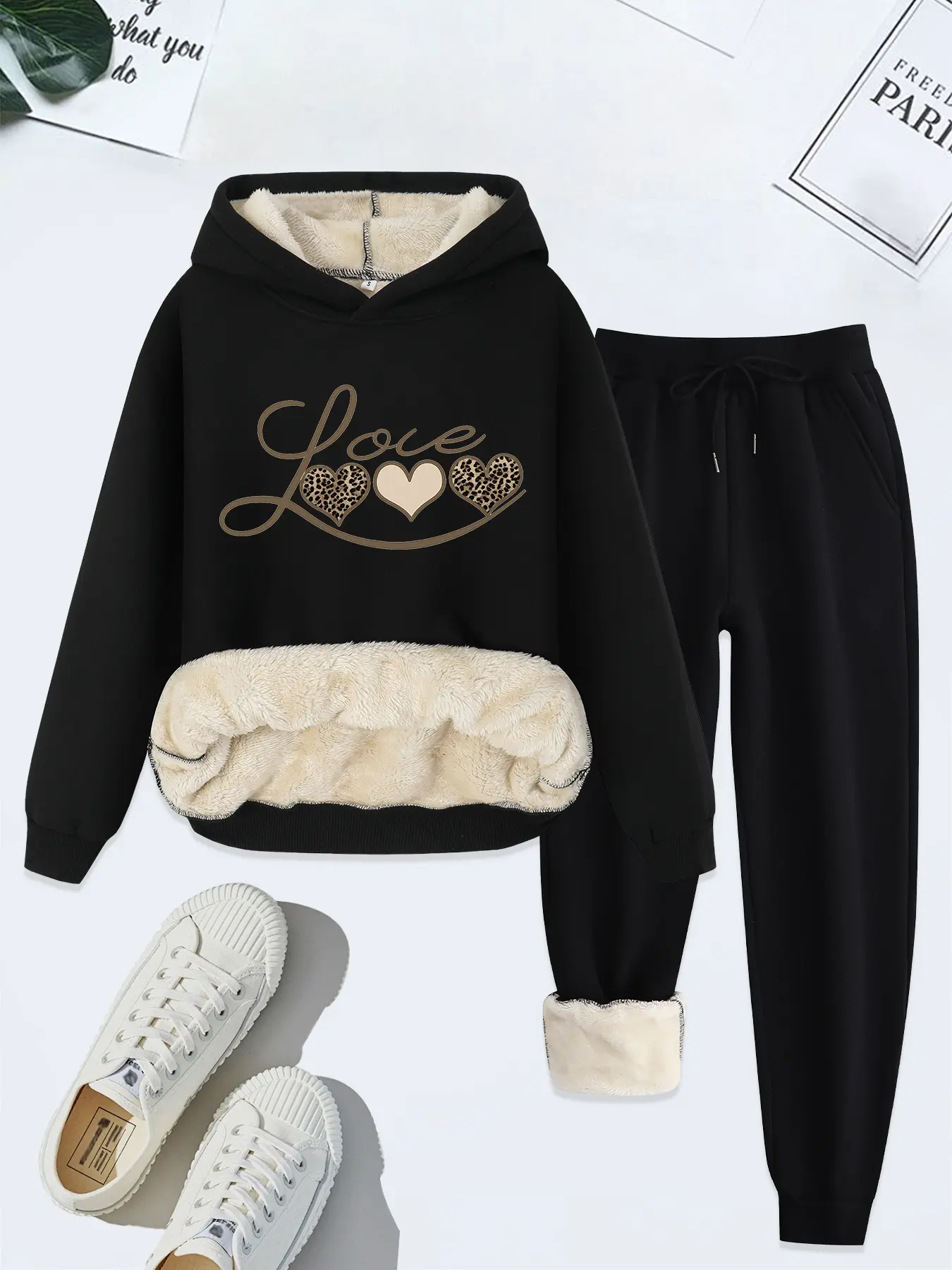 Women's Fashion Knit Hoodie Set, Womenswear, Love Letter & Leopard Heart Print, Casual Loose-Fit Sweatshirt Pants, Fall Winter, 2 Piece Set Outfit, Thick Top, Casual Lounge Set, Knit Loungewear Set