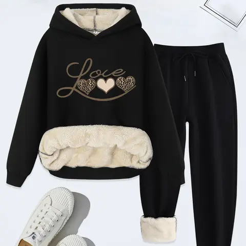 Women's Fashion Knit Hoodie Set, Womenswear, Love Letter & Leopard Heart Print, Casual Loose-Fit Sweatshirt Pants, Fall Winter, 2 Piece Set Outfit, Thick Top, Casual Lounge Set, Knit Loungewear Set, Two Piece Set