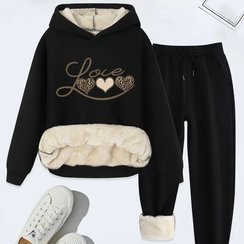Women's Fashion Knit Hoodie Set, Womenswear, Love Letter & Leopard Heart Print, Casual Loose-Fit Sweatshirt Pants, Fall Winter, 2 Piece Set Outfit, Thick Top, Casual Lounge Set, Knit Loungewear Set, Two Piece Set