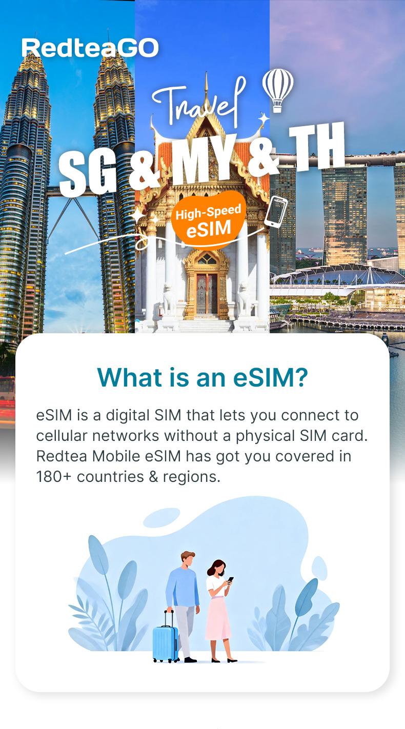 RedteaGO Singapore Malaysia Thailand eSIM Data Plan | Instant Activation | Works in Mainland China | No SIM Card Needed| QR Code Setup | Travel Internet SIM| No Roaming Fees