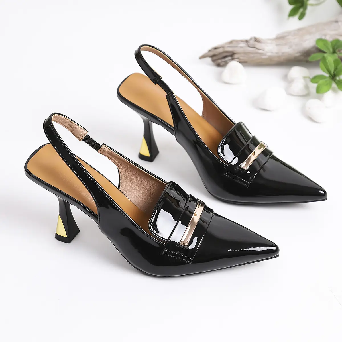 Women's Elegant Pumps, Black Patent Leather Pointed Toe Slingback Heels with Thin Heel and Gold Buckle for Formal Dress, Black Heels