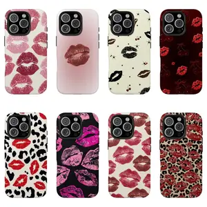 Lip Print Kiss Case for Girls Shockproof Protective Phone Case for iPhone 17 ProMax 17Air 16Pro 15 14 Leopard Print Design Anti Fall Cover