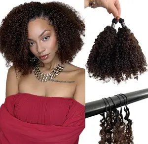 1B/4 Medium Brown Afro Kinky Curly Feather Crochet Braid Human Hair Extensions Knotless Pre-Separated Multi-Textured Kinky Curly Human Crochet Hair with Dark Roots