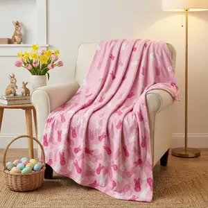 Easter Flannel Blanket Throw, Pink Rabbit Bunny Shape Soft Fuzzy Plush Cozy Fleece Blankets for Couch Sofa Bed Lounging, Ideal Gifts for Kids Adults