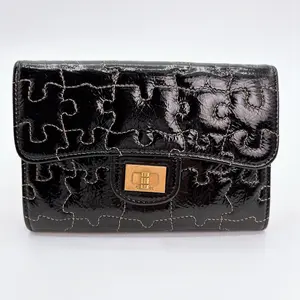 Pre-owned CHANEL Crackled Patent Calfskin Puzzle Reissue Wallet On Chain WOC Black