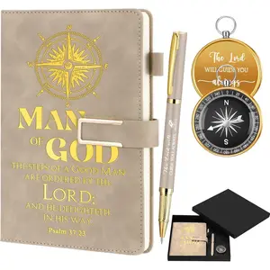 4 Pcs Christian Gifts for Men Pastor's Appreciation Gifts Includes Man of God Pastor Leather Journal Notebook Christian Pen Religious Compass with Gift Box for Men Office School