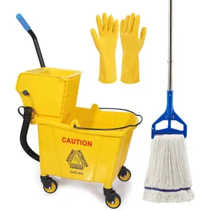 35 Qt. Side-Press Mop Bucket and Wringer Combo  Wheels Yellow for Professional/Industrial/Business Heavy-Duty Floor Cleaning/Mopping,Including Industrial Mop and Rubber Gloves