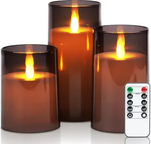 [New Deal]- Realistic Flickering Flameless Candles Battery Operated, LED Fake Electric Candles with Remote Control and Timer for Home, Christmas Decoration, Grey, Set of 3