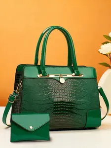 Women's High-Quality Handbag Set, Crocodile Pattern, Adjustable Shoulder Strap, Large Capacity Crossbody Bag & Clutch, Fashion Essential