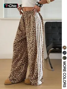 VYBE 1 Piece Leopard Print Side Stripe Wide Leg Pants, Spring Summer Fall All-Season Wear, Elastic High Waist Loose Fit Trousers for Women, Y2K Streetwear, Casual Comfy Baggy Pants for Daily/Street Style, Casual Palazzo Pants, Casual Fashion Pants