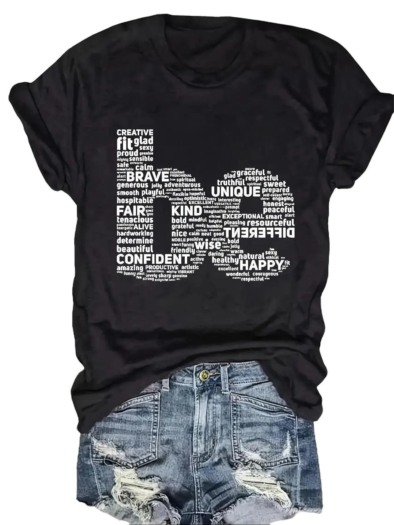 Women'S Inspirational Word Cloud Print T-Shirt - Soft Breathable Round Neck Short Sleeve, With Positive Affirmations, Medium Stretch Casual Top For Spring Summer Daily & Party Wear, Machine Washable Style Tee Tshirt