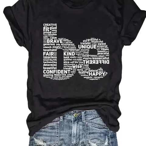 Women's Cotton Inspirational Word Cloud Print T-Shirt - Soft Breathable Round Neck Short Sleeve, Positive Affirmations, Medium Stretch Casual Top for Spring Summer Daily & Party Wear, Machine Washable Tee, TV-Ready Tops for Women, T Shirts For Women