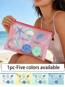 Beach-style mesh makeup bag with seashell and starfish prints. Transparent waterproof zipper pouch in ocean theme, perfect for beach, travel and daily use. Available in 5 colors: pink, white, yellow, green and blue.