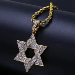 Bling Gold Color Plated Iced Out Jewelry Necklace Micro Pave CZ Stone Star of David Pendant Necklace Hip Hop Rock for Men