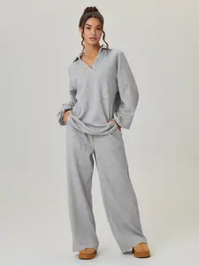 Women's Loose-Fit V-Neck Knitted Sweater & Drawstring Waist Pants Set, Casual Fashion for Spring & Fall Seasons