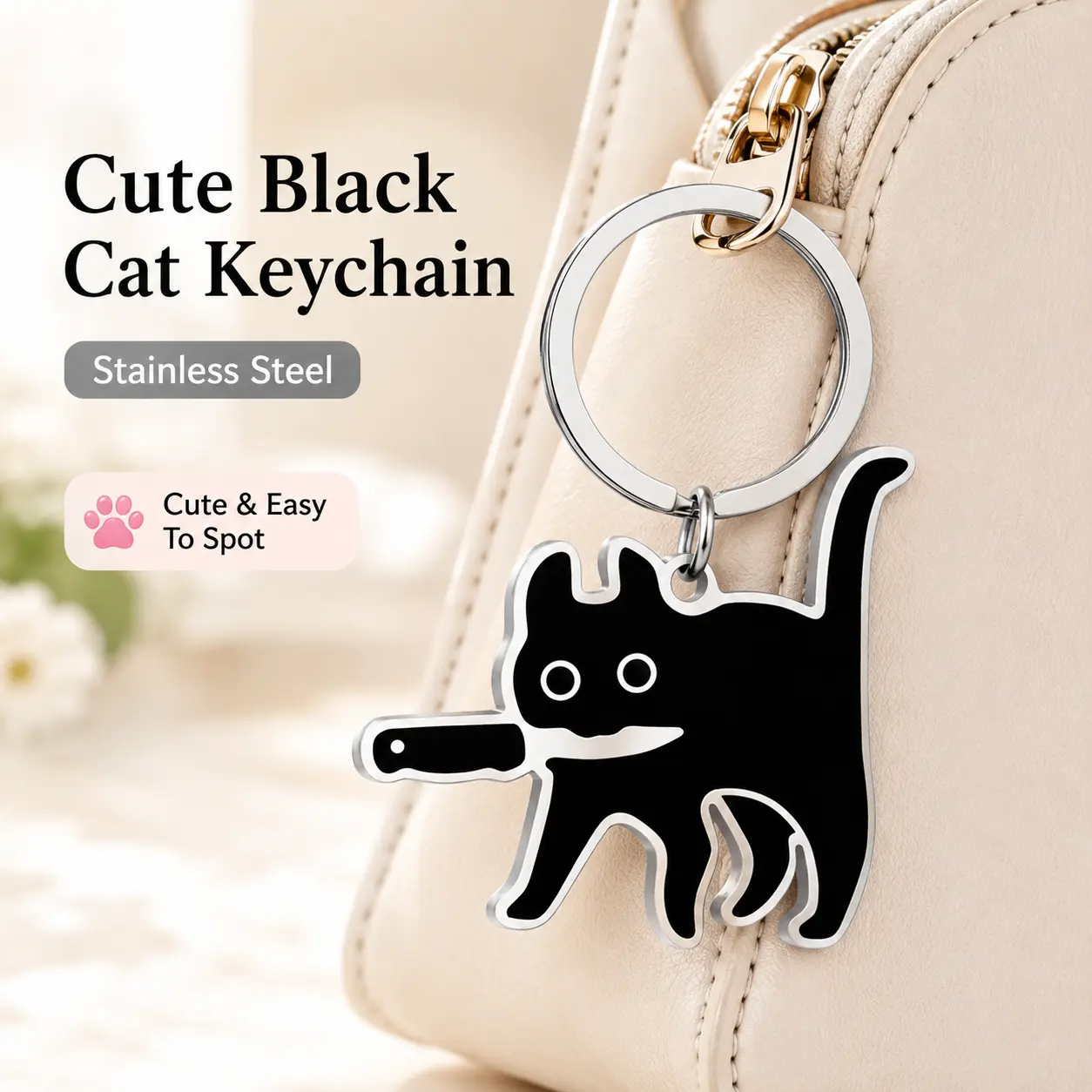 Funny Black Cat Stainless Steel Keychain, Cute Cat Lover Gift with Silver Key Ring, Helps Make Keys Easier to Spot, Lightweight Charm for Car Keys, House Keys, Purse, Handbag, Backpack, Women, Men & Girls