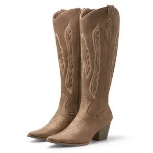 Maiqi Cowboy Boots for Women Knee High Western Boots Pointed Toe Side Zipper Chunky Heel Cowgirl Boots Retro Fashion Comfortable Walking Shoes
