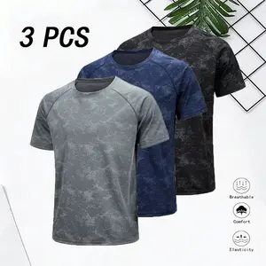 3PCS Men's Black Camo Quick Dry Athletic T-Shirt, Streetwear Gym Workout Top