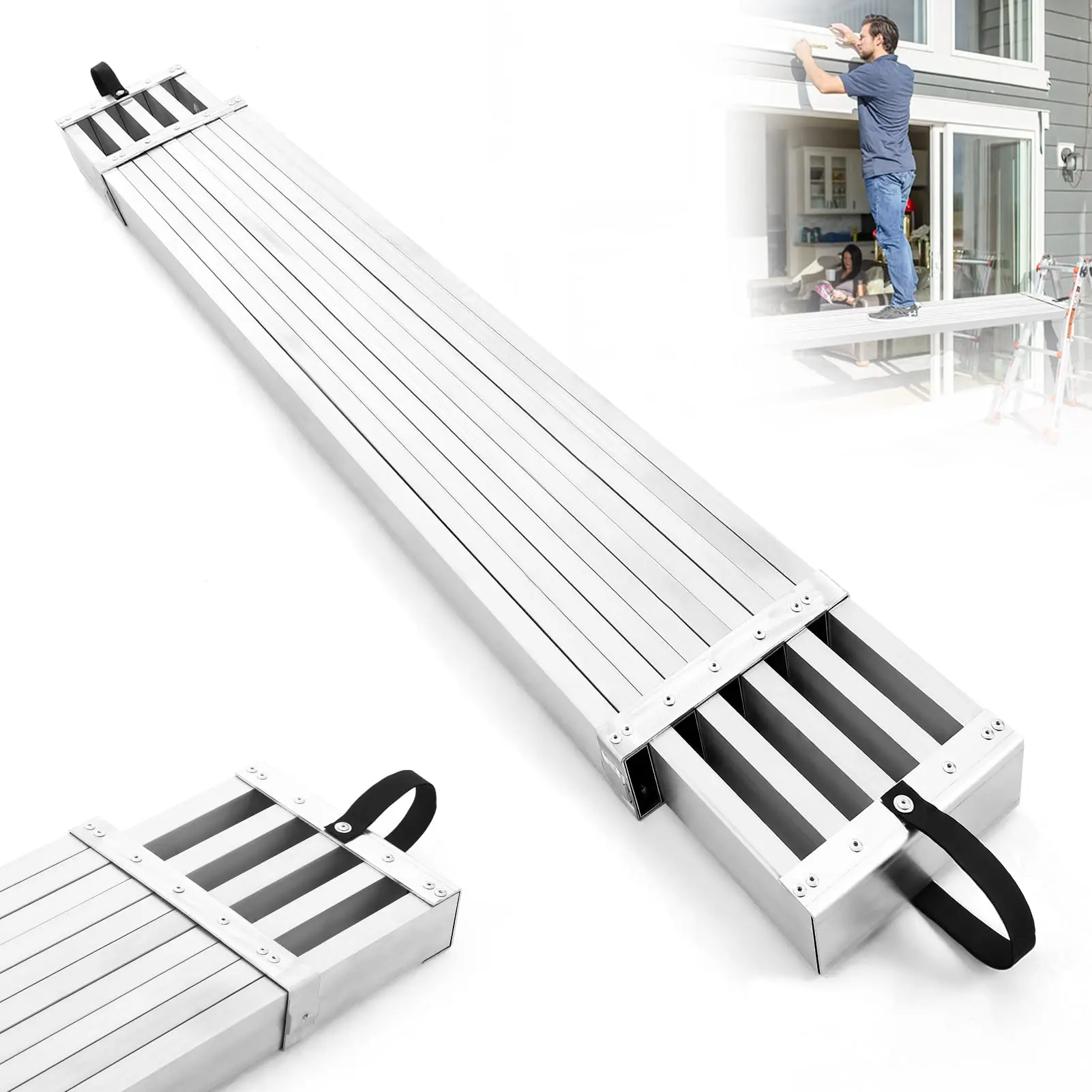 GARVEE Adjustable Aluminum Telescoping Work Plank and Ladder Platform, 6-9FT Extension with 440lbs Capacity, 12.5-inch Wide Skid-Proof Scaffold Plank for Safe Ladder Access