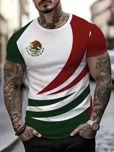 Men's 3D Mexican Flag Badge T-Shirt, Soft Polyester Fabric, Summer Round Neck, Casual Regular Fit, Daily Wear, Vacation Travel