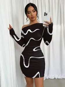 Women's Graffiti Print Asymmetric Ruched Long Sleeve Dress, Formal Bodycon Dress, Casual Fashion, Perfect for Daily Wear, Stylish and Comfortable, Womenswear