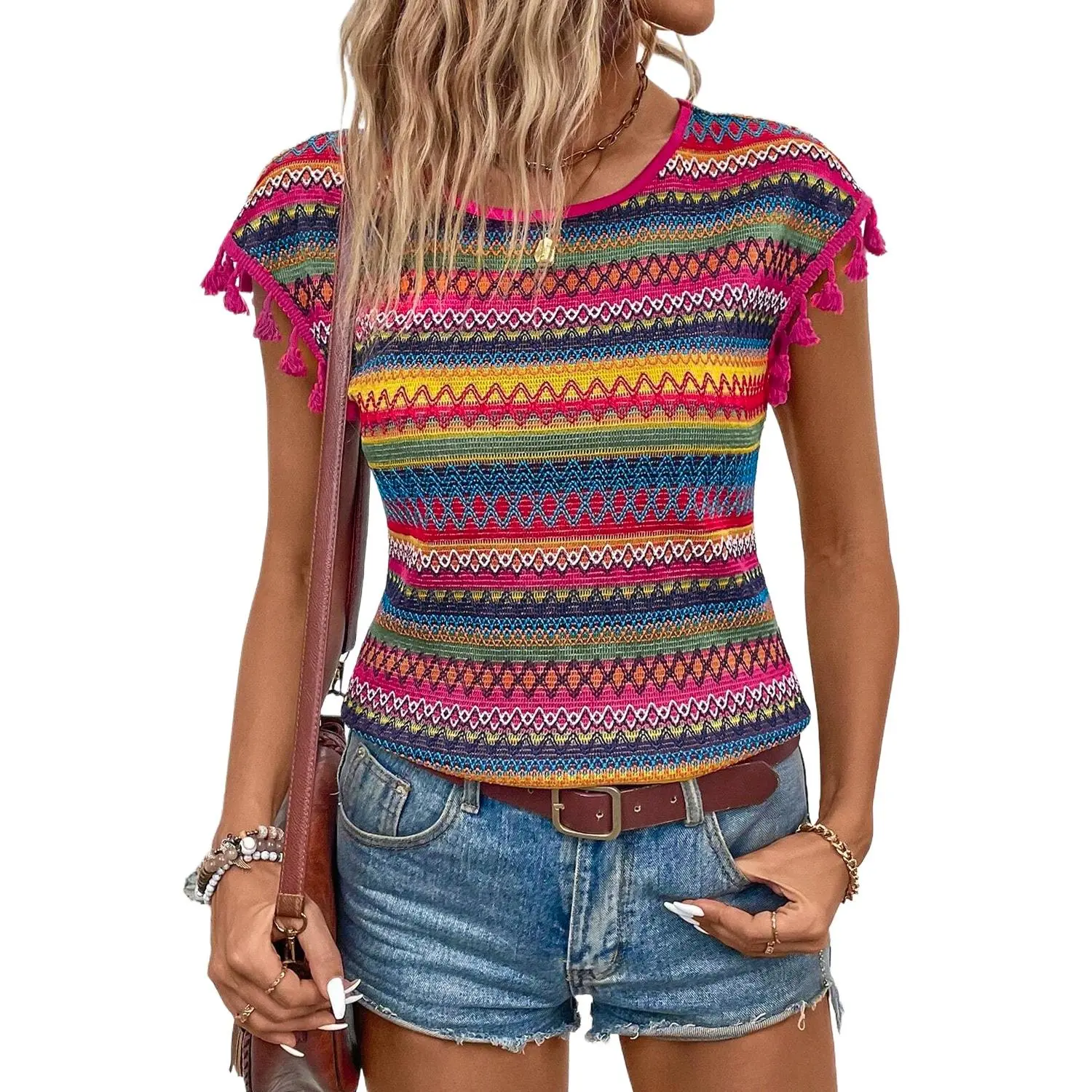 Women's Casual Comfortable Gradient Rose Red Jacquard Textured Tasseled Cap Sleeve Bohemian Blouse, Lady, Tassels, Shift Cut, Tops, Tassel Accent