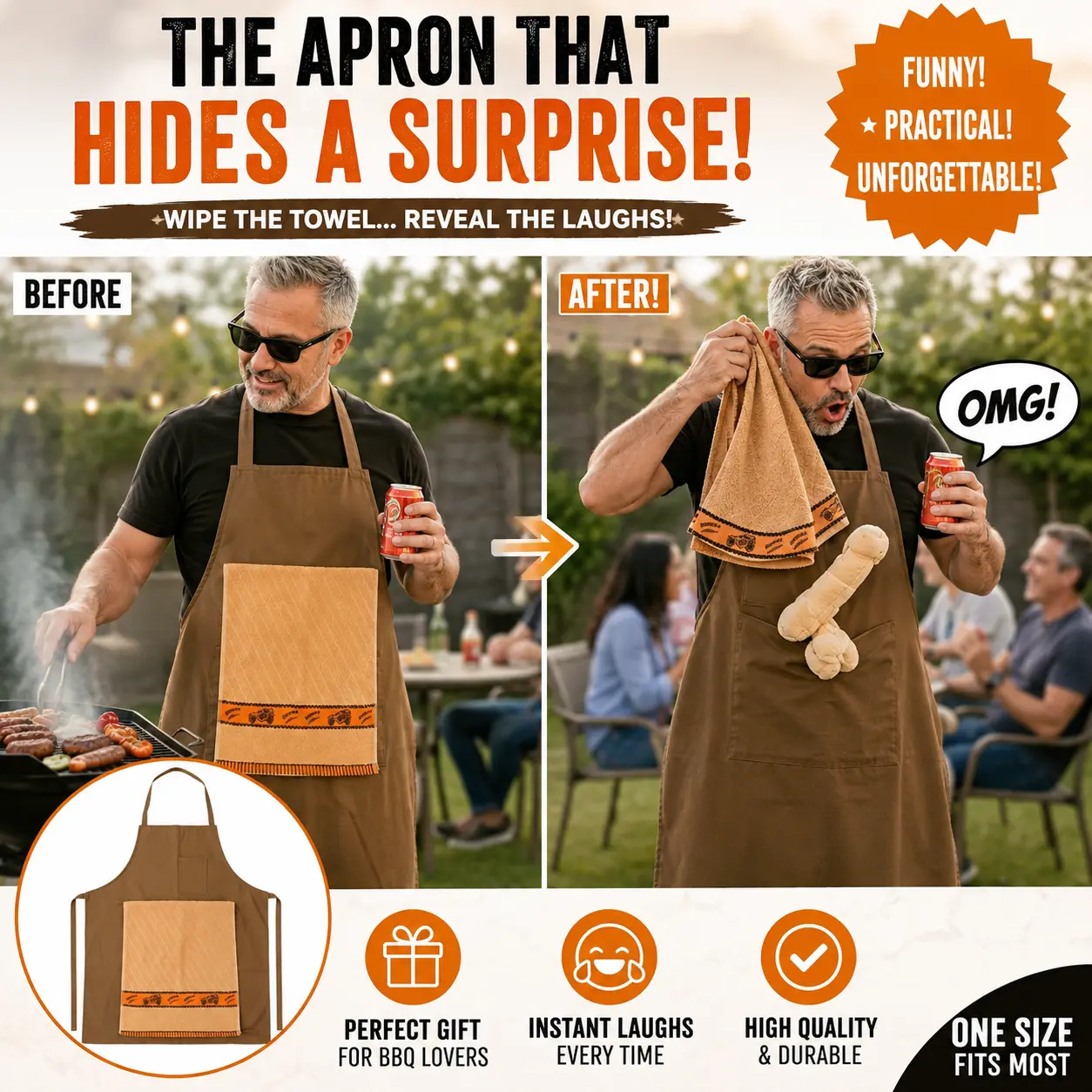 Funny Prank Apron with Hidden Surprise Towel, Novelty BBQ Apron, Gag Gift for Men, Funny Kitchen Cooking Apron, Party Gift