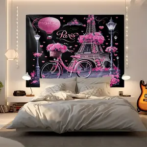 Vibrant Pink Eiffel Tower Tapestry, Romantic Parisian Wall Hanging, Whimsical Floral Design featuring Pink Roses, Bicycle & Hot Air Balloon - Perfect Decorative Wall Tapestry for Bedroom, Living Room, or Study, Eye-catching Digital Print Wall Art