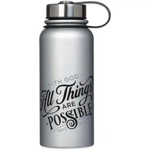 With God All Things Are Possible Silver Stainless Steel Water Bottle 32 fl oz Double-Wall Insulated Matte Black Laser-Engraved Drinkware FLS072 - Lid
